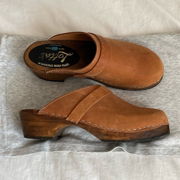 Swedish Leather Wood Clogs in Camel, Light Brown, Size 37 - Picture 2 of 6